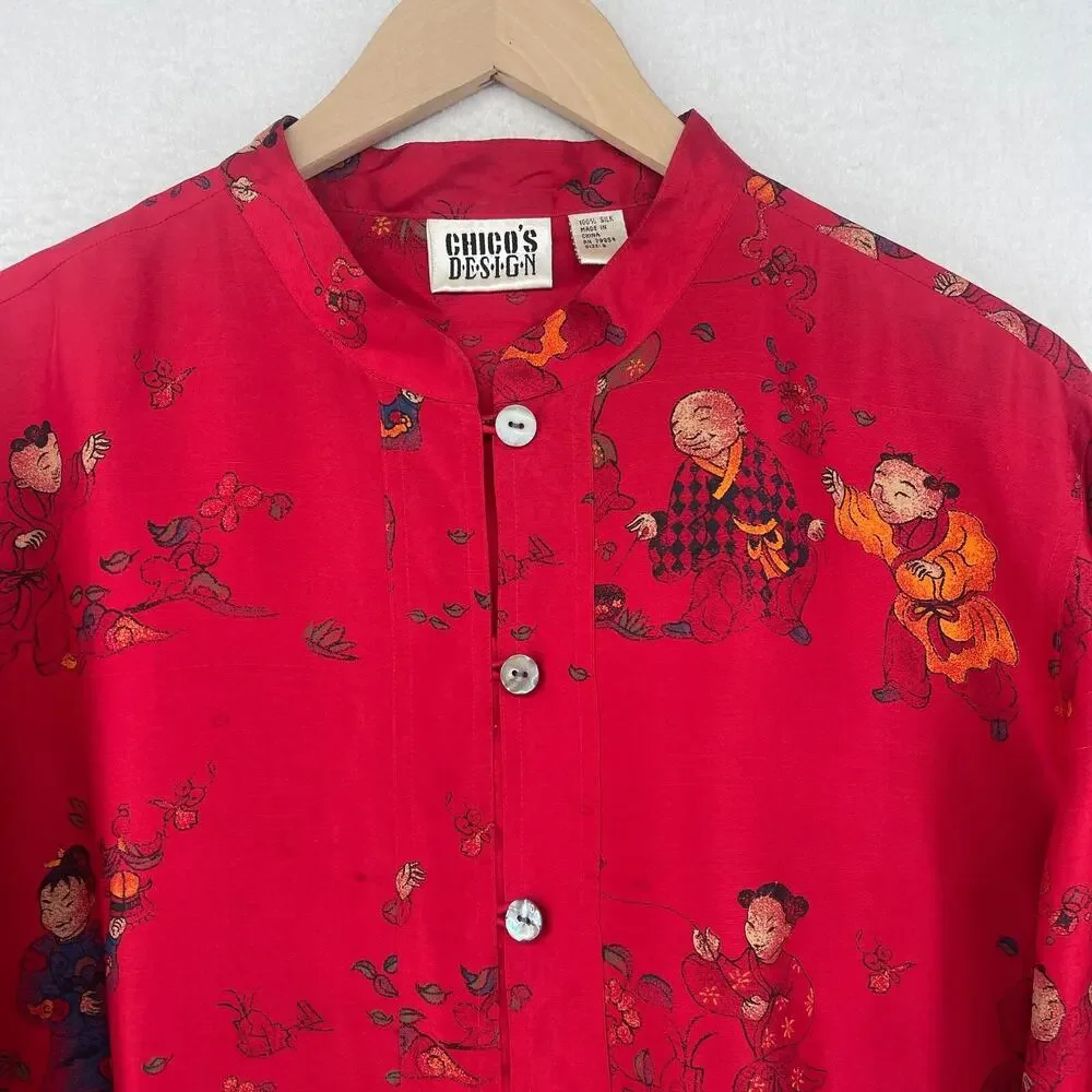 CHICOS Blouse 3 XL Asian Chinese Print Silk Satin Mandarin Collar Button Up Red_5